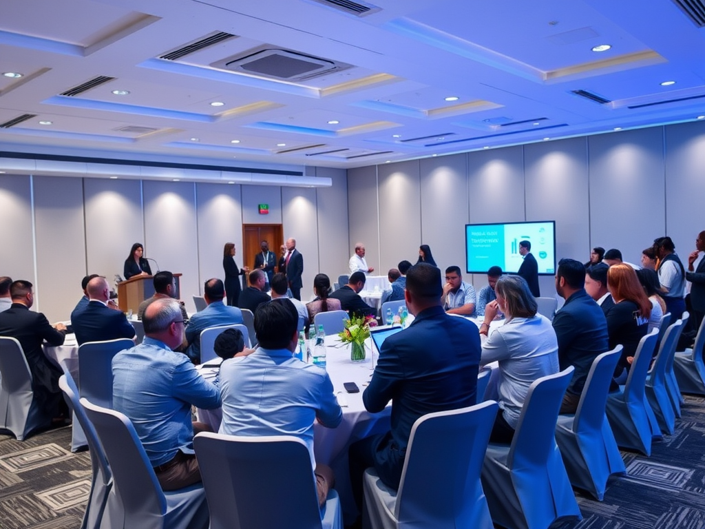 A business meeting in a modern conference room, with attendees seated around tables and a speaker at the podium.