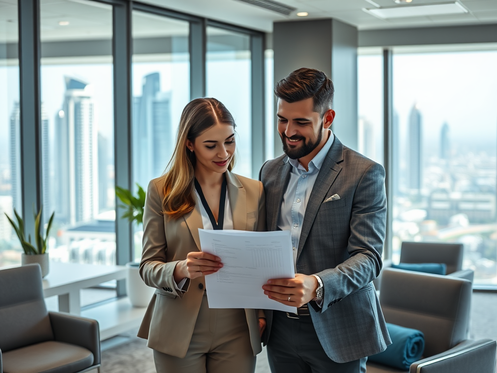 A man and woman in business attire review documents together in a modern office with a city skyline view.