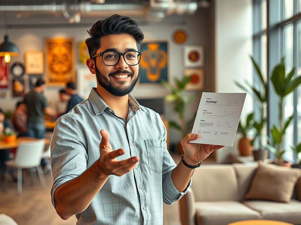 A smiling man with glasses holds a document, gesturing enthusiastically in a modern, vibrant workspace.