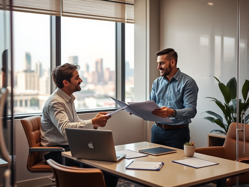 Two men in an office are exchanging documents, smiling, with a city skyline visible through the window behind them.