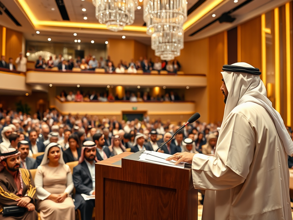 A speaker in traditional clothing addresses a large audience in a luxurious hall filled with people.