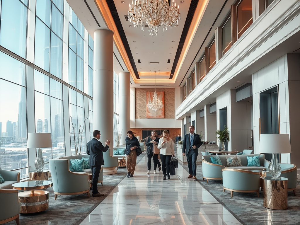 A modern hotel lobby with large windows, elegant furniture, and a chandelier; people conversing and walking.