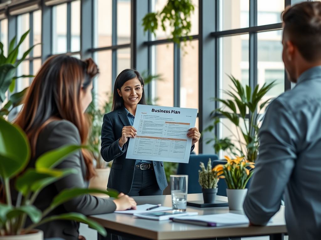 A business meeting in a modern office where a woman presents a business plan to two colleagues.