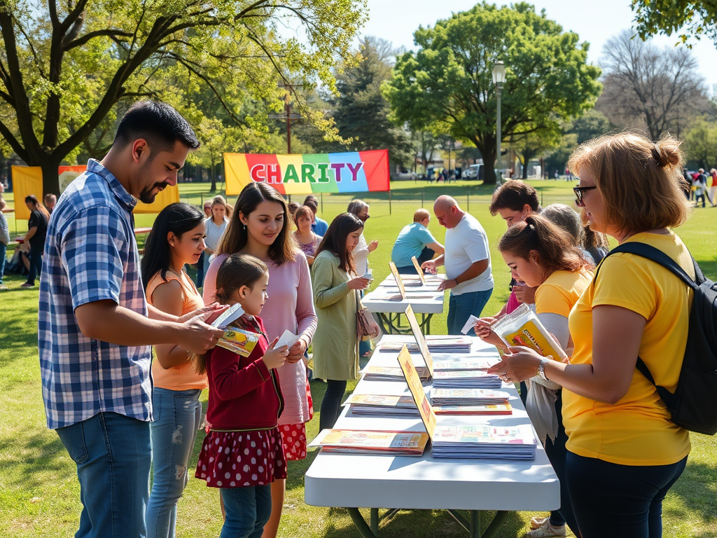 A community event at a park with people engaging at charity booths and examining informational flyers.