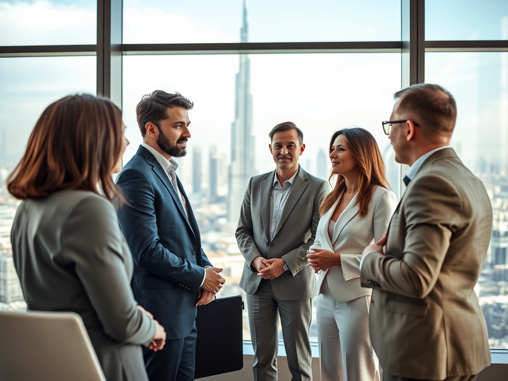 A group of professionals in suits converses by a large window with a city skyline view, discussing business.