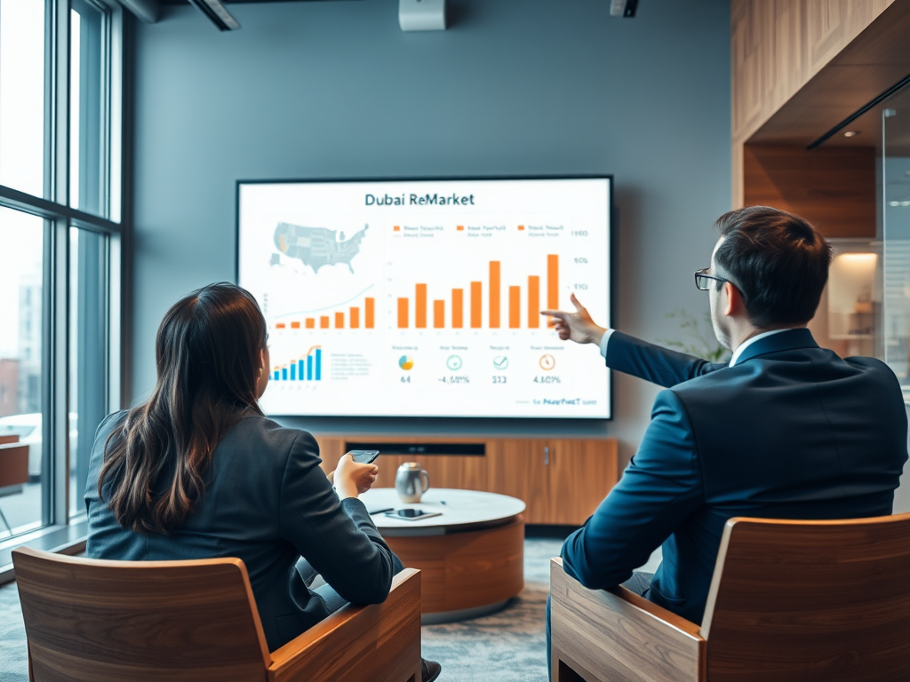 A man and woman in business attire discuss a presentation on Dubai real estate trends displayed on a screen.