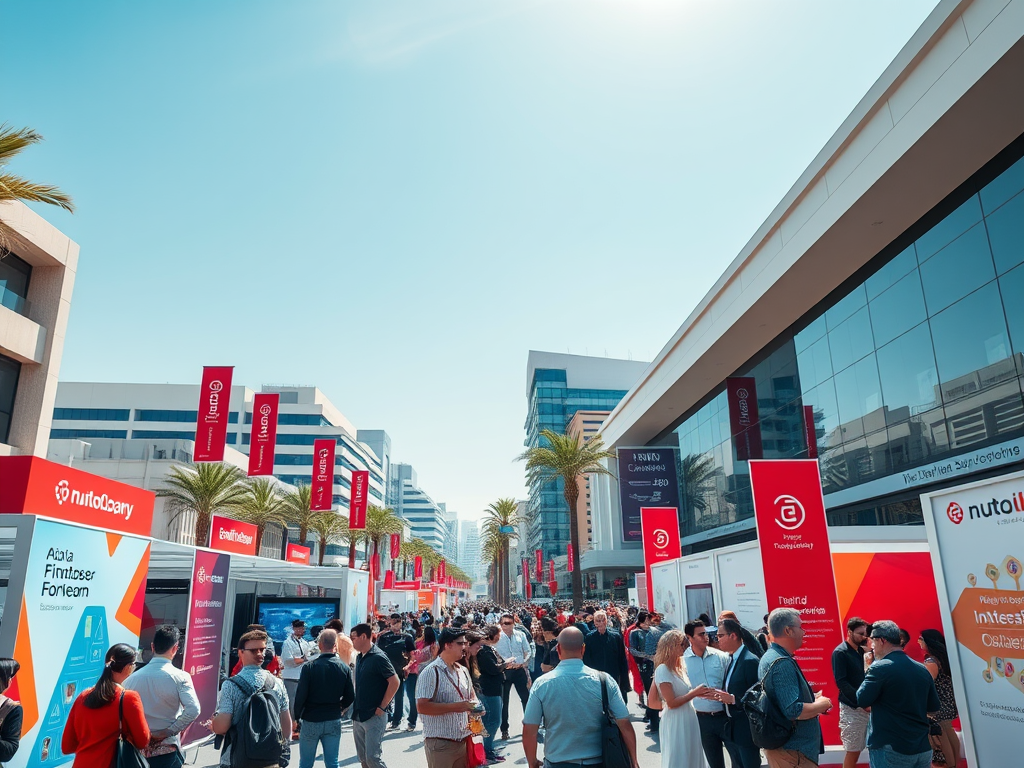 A busy outdoor event with people mingling, palm trees, and banners outside modern buildings under a clear blue sky.