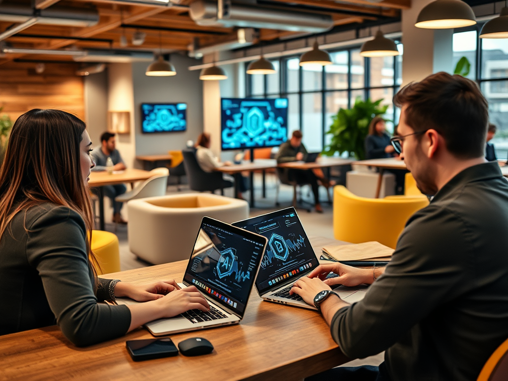 Two people work on laptops in a modern office space, with others collaborating in the background. Screens display data.