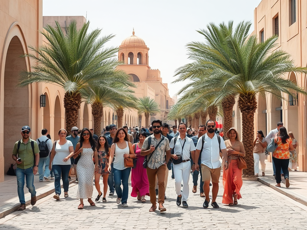 A group of diverse people walking down a palm-lined pathway in a vibrant urban setting.